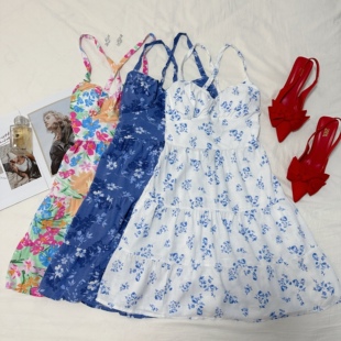 胸垫 美单hi鸥甜美度假风亚麻混纺露背印花连衣裙 葡萄miki 蜜糖