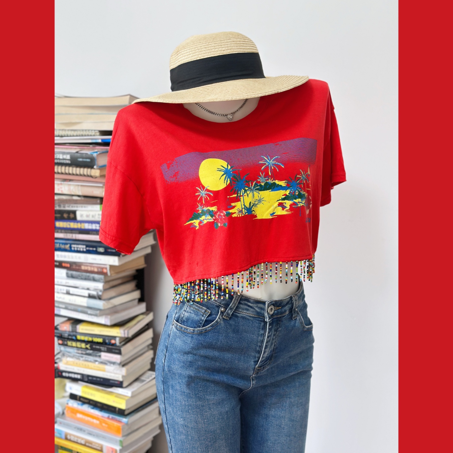 葡萄miki 夏季美单F21的度假风串珠流苏印花短袖圆领棉T恤