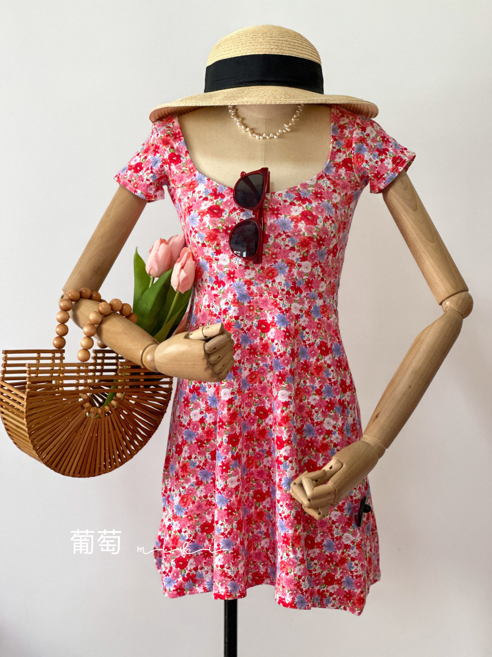 葡萄miki 夏季英国单甜美少女系原领短袖高腰a字连衣裙