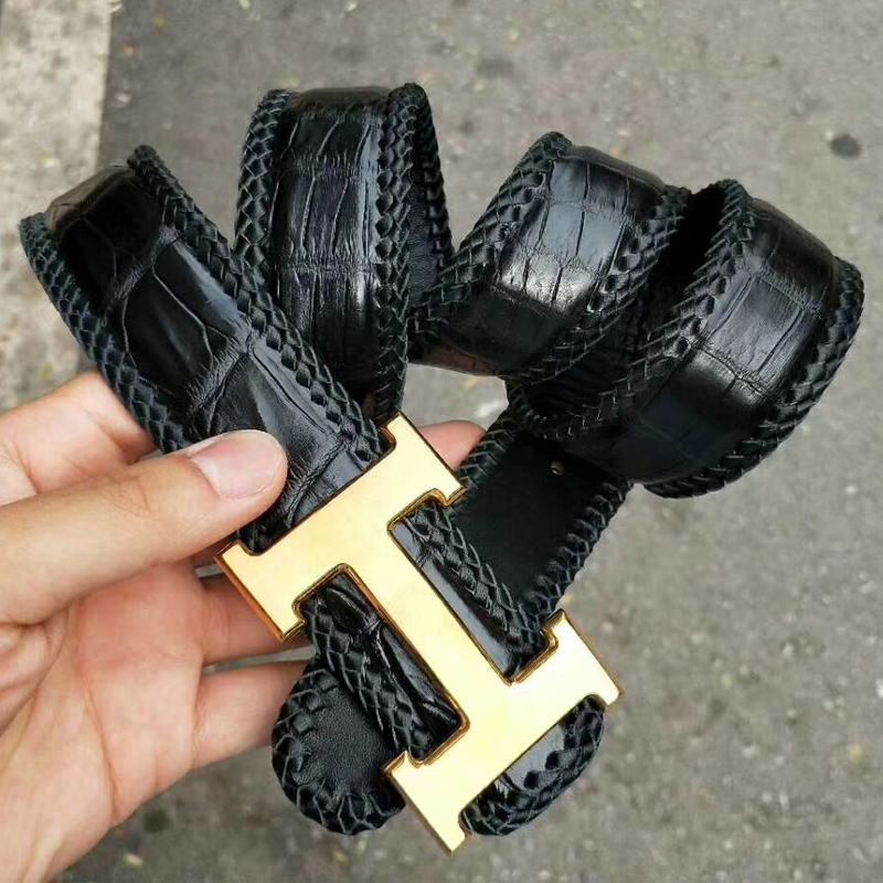 正品 泰国鳄鱼皮腰带时尚平滑扣肚皮编织真皮正宗男士鳄鱼皮皮带