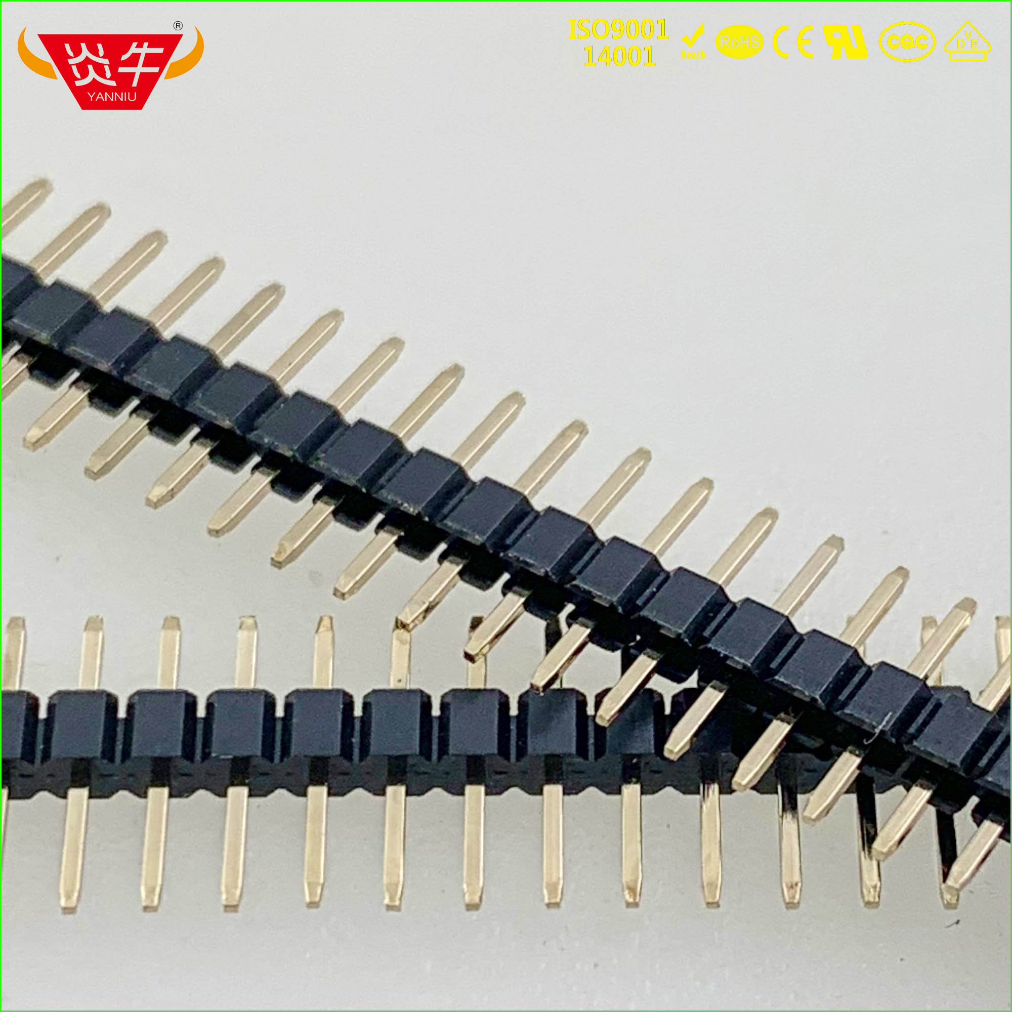 2.54mm单排针1*40P(180度/直针) 镀金1u/3u 塑料PA6T 耐高温 环保