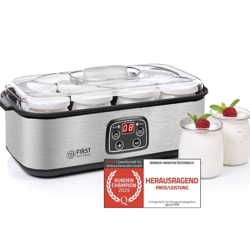 德国直邮 TZS First Austria不锈钢酸奶机 8个旋盖玻璃杯 180毫升