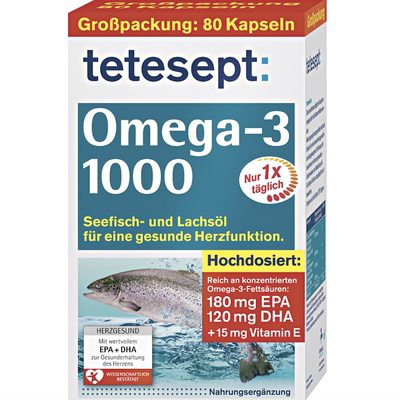 德国直邮 tetesept Omega-3 1000mg三文鱼深海鱼油 DHA EPA 80粒