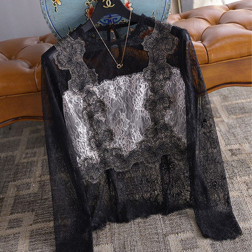 洋气蕾丝上衣小衫花朵刺绣长袖打底蕾丝衫女时尚百搭镂空打底衫女