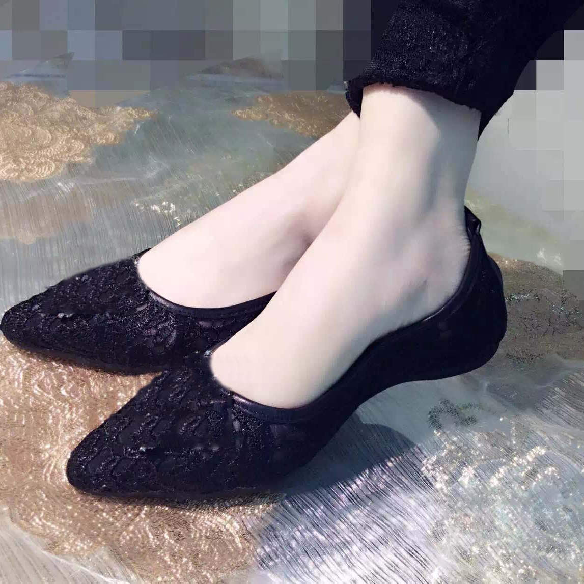 真皮凉鞋黑色水钻方扣平底孕妇软底蛋卷蕾丝鞋女大码网纱镂空单鞋