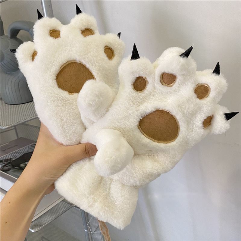 网红猫爪熊掌手套男女学生韩版冬季加绒加厚全指可爱毛绒
