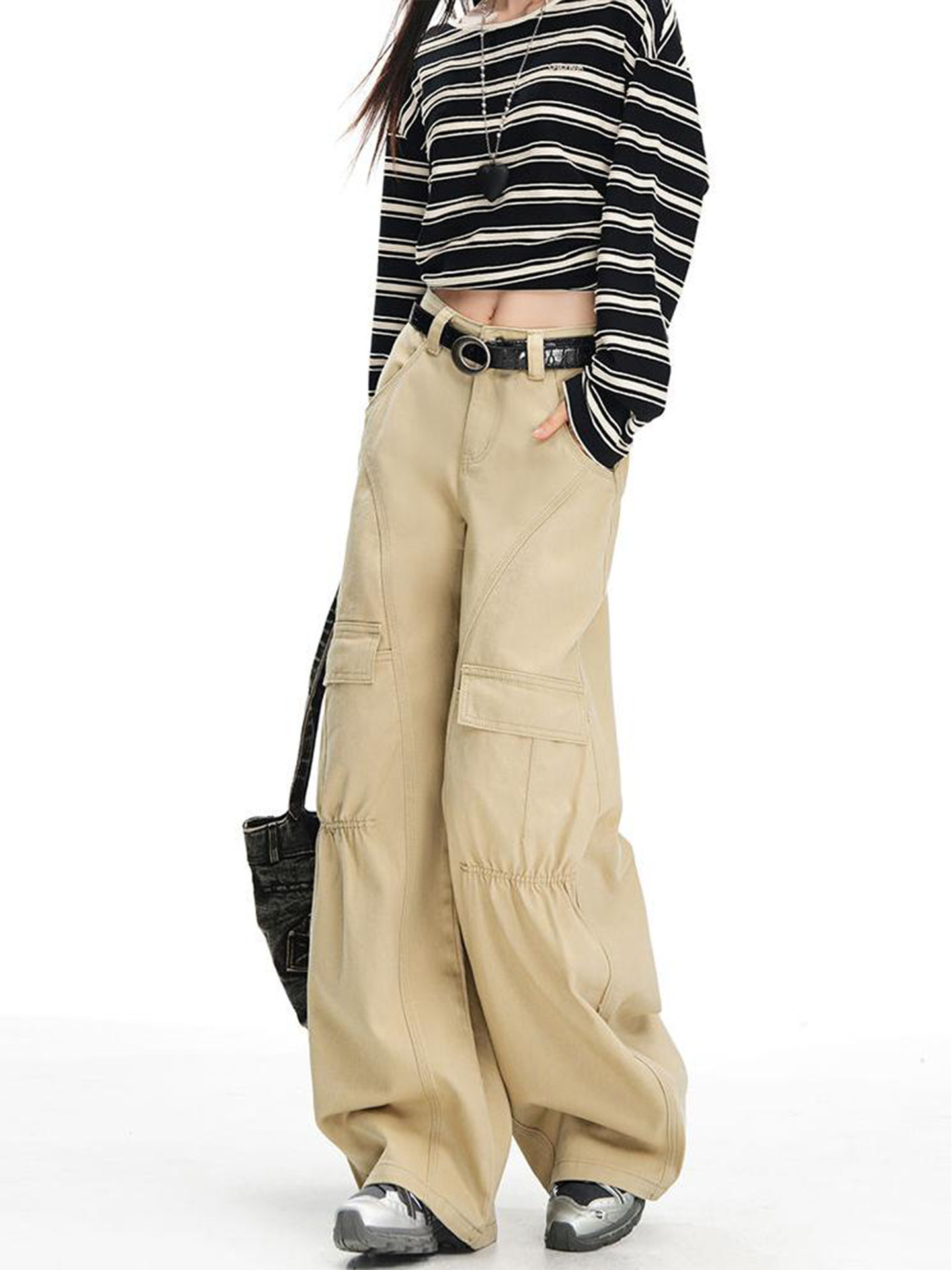 American Khaki Wide Leg Denim Women's Autumn 2025 New arrival high waist Multi-Pocket Design Loose parka Pants