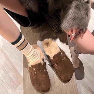 冬季勃肯鞋女棉拖鞋大码包头半拖鞋加绒洞洞博肯男外穿穆勒一脚蹬