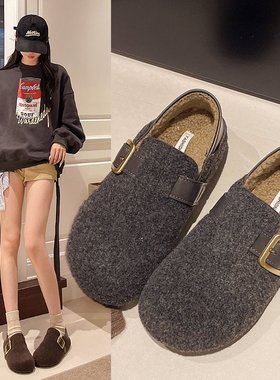内增高博肯鞋女2025新款秋冬加绒保暖毛毛棉鞋两穿灰色厚底勃肯拖