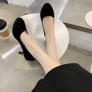 大码学生礼仪空乘公考面试高跟鞋女圆头黑色绒面职业工作工装皮鞋