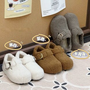 白色内增高勃肯鞋女2025新款冬季加绒保暖棉鞋厚底外穿呢子毛毛鞋