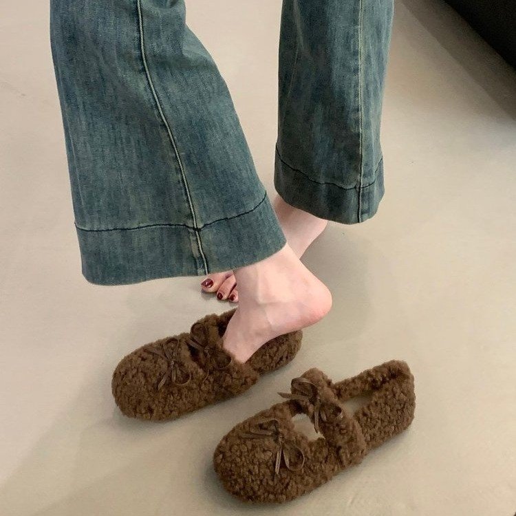 方叔厚底增高毛毛鞋女外穿2025新款秋冬加绒豆豆穆勒拖鞋保暖棉鞋
