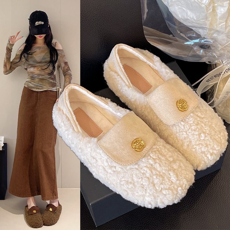 两穿毛毛鞋女外穿厚底2025年冬季加绒增高羊羔毛豆豆鞋配裙子棉鞋