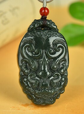 和田玉青玉仿古兽吊坠新疆玉兽面貔貅挂件双面精雕祥云兽面玉佩