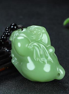 天然玉石马手把件碧玉菠菜绿马