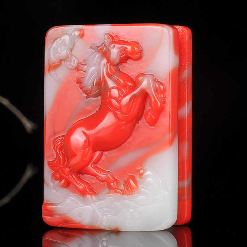 鸡血玉马上有钱皮带扣腰扣金丝玉飘花生肖马腰挂男款玉皮带扣挂件