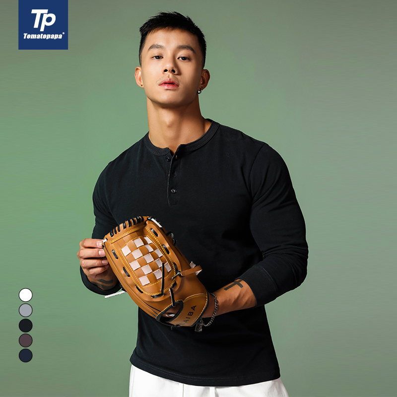 欧美运动外穿潮流亨利领长袖t恤