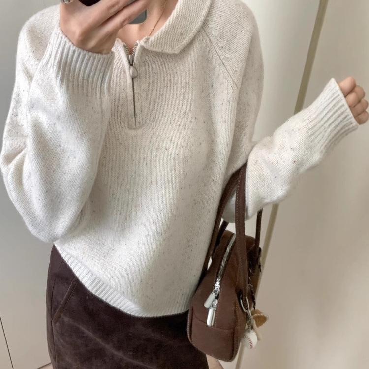 CC100%羊毛条纹毛衣女半拉链polo翻领套头韩系慵懒风加厚针织上衣