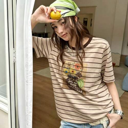 十三行美式复古条纹印花短袖t恤女2026新款夏宽松慵懒风上衣潮HW