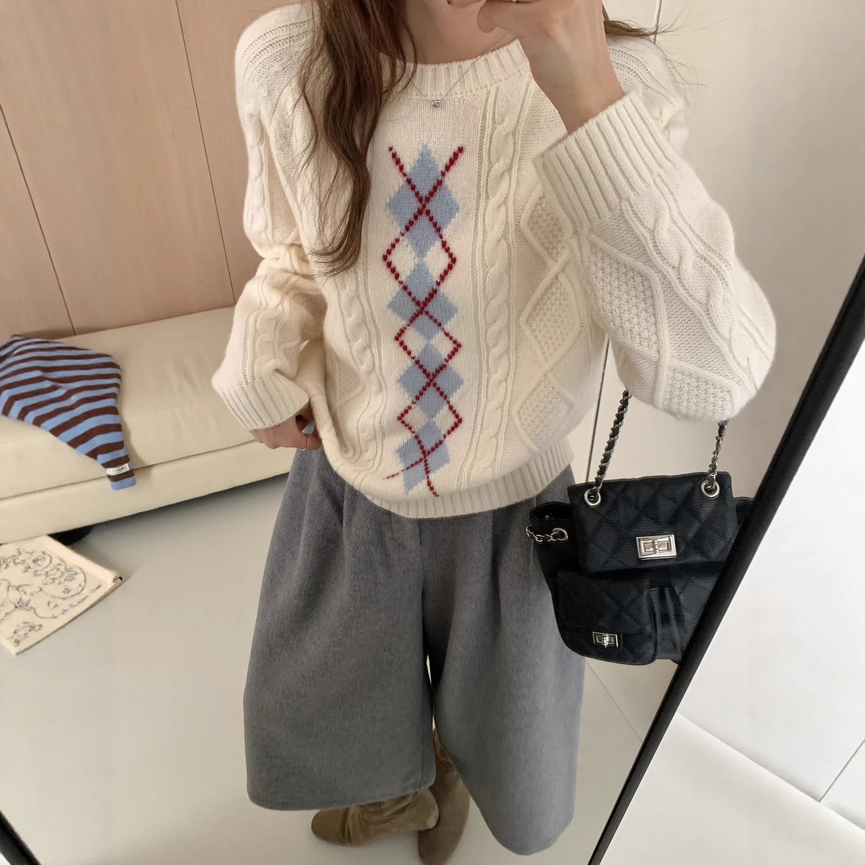 CC全羊毛100%秋冬新款羊毛衫毛衣女费尔岛加厚保暖菱格套头针织衫