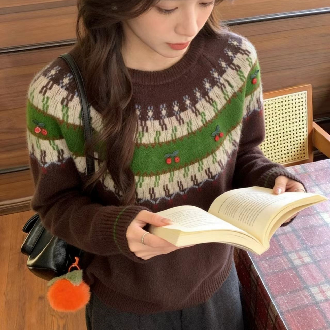 咖色CC2025冬款费尔岛毛衣女秋冬加厚宽松慵懒风圆领提花针织衫