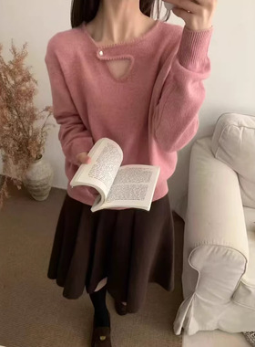 镂空V领羊驼绒针织衫女欧洲站2025冬装新款欧货女装时尚打底衫HZ