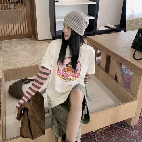 HW美式复古假两件圆领长袖t恤女秋季新款撞色条纹宽松百搭上衣潮