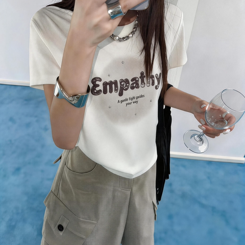 ZW卓娃短袖T恤女2026夏季新款烫钻字母圆球印花正肩修身短款上衣