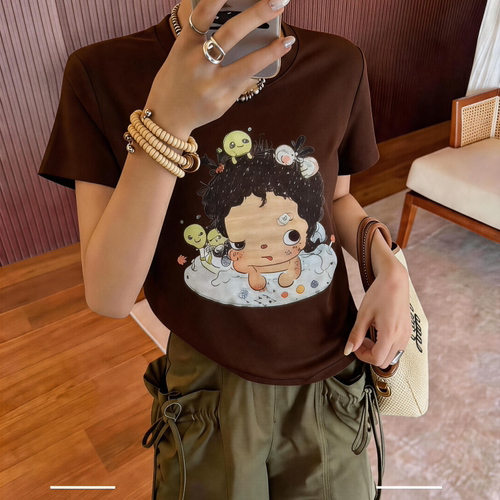 ZW卓娃韩版正肩短袖T恤女2026夏季新款修身正肩大头娃娃短款上衣