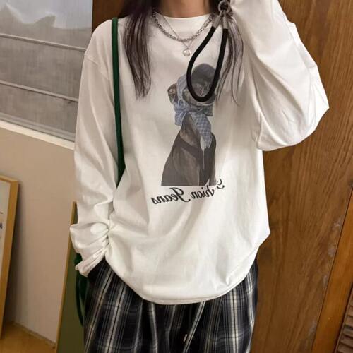 Eleven美式复古戴头巾小狗印花长袖T恤女秋款宽松慵懒风打底上衣