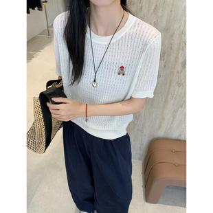 CC欧洲站2025早秋新款 女显瘦百搭减龄上衣潮 圆领刺绣针织衫 短袖