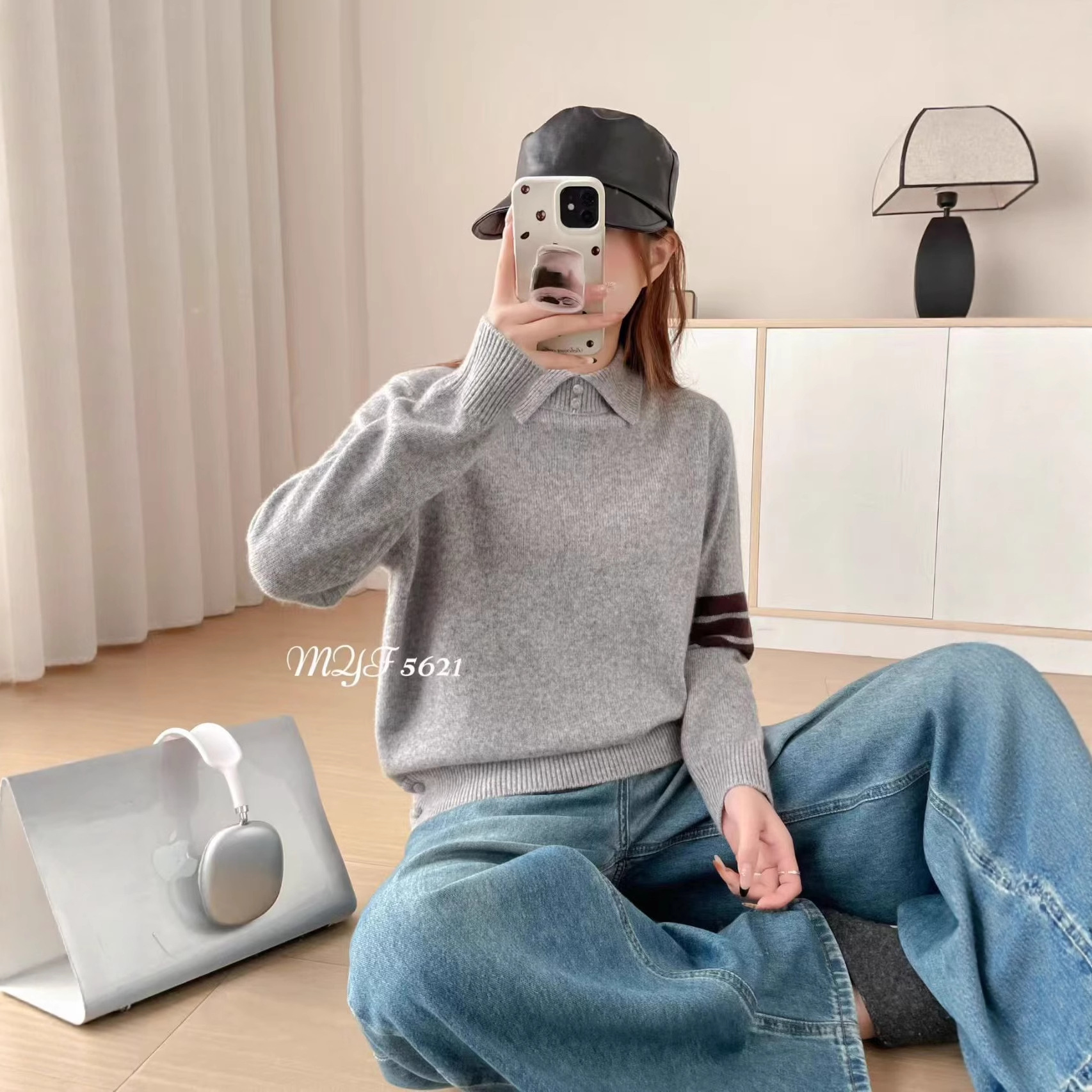 MYF2025秋冬新款韩系翻领长袖条纹针织衫上衣打底衫毛衣内搭女