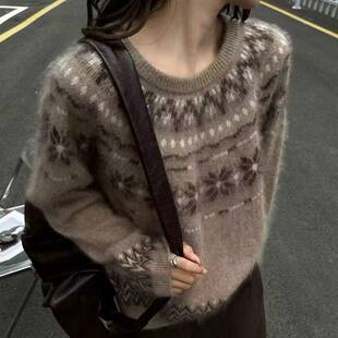 HR复古氛围感雪花提花羊绒拉毛女2026秋冬新款宽松软糯套头毛衣