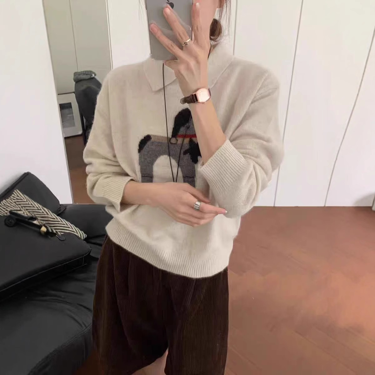 HR卡通小狗刺绣羊毛针织衫女POLO领2025冬季新款显瘦毛衣女外套