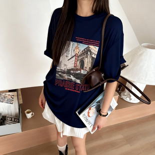 Eleven短袖t恤女2026夏季新款美式复古建筑印花宽松大版慵懒上衣