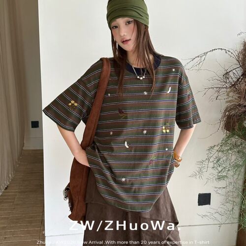 ZW卓娃正品早秋新款撞色条纹圆领上衣重工花卉刺绣大版落肩T恤女