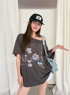 KAKAMEE短袖T恤女26夏新趣味沙发萌宠小狗雪花棉宽松慵懒斜肩上衣