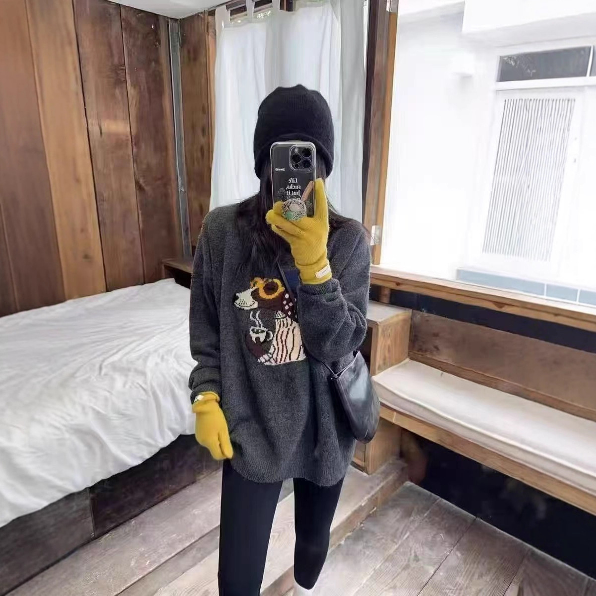 韩版卡通眼镜小狗提花羊毛针织衫2025冬季新款女宽松显瘦毛衣HR