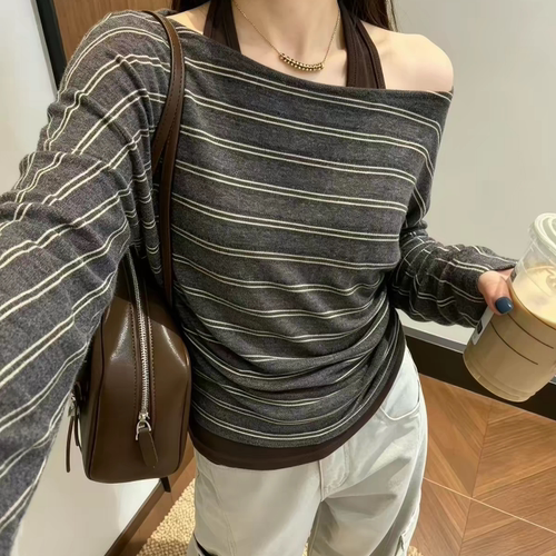 2026秋款美拉德风撞色条纹假两件T恤女露肩挂脖松弛感长袖上衣HW