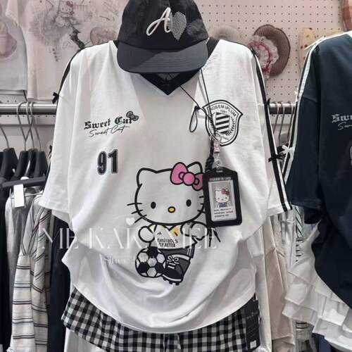 KAKAMEE韩系短袖T恤女26夏新世界杯足球KT宽松大版慵懒风球服上衣