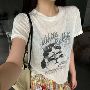 Eleven美式复古猫咪印花短袖T恤女2026新款夏季宽松显瘦百搭上衣