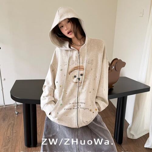 ZW卓娃正品韩系连帽拉链小狗印花卫衣女2026早秋重工宽松慵懒开衫