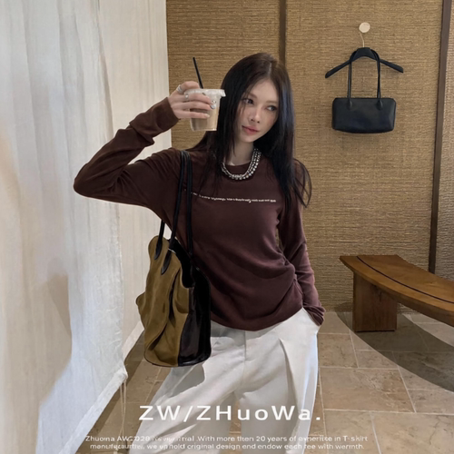 ZW卓娃正品巨软糯英文小字修身长袖T恤女早秋显瘦打底上衣33158