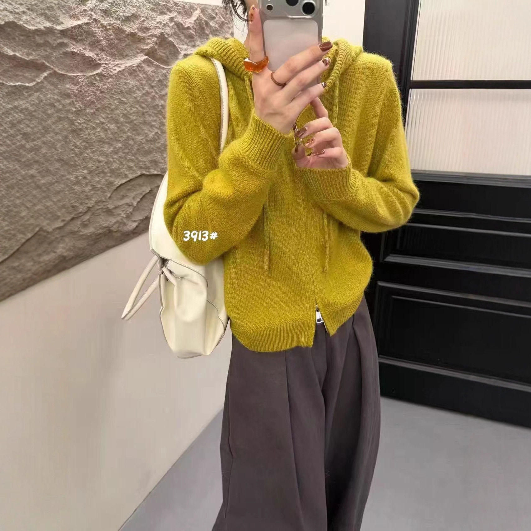 MYF2025加厚新款好看抽绳蕾丝连帽双拉链短款针织开衫毛衣外套女