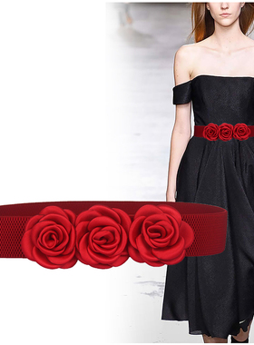 时尚韩版手工布料花朵红色装饰腰带百搭女连衣裙衬衫松紧腰封黑色