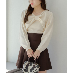 日单OLIVE2025纯原甜美优雅气质蝴蝶结前后两穿针织开衫 两件套