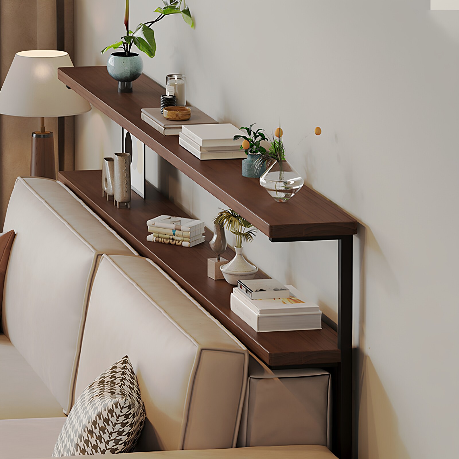 沙发后置物架多层客厅靠墙实木长条板带插座电动沙发后头床尾书架