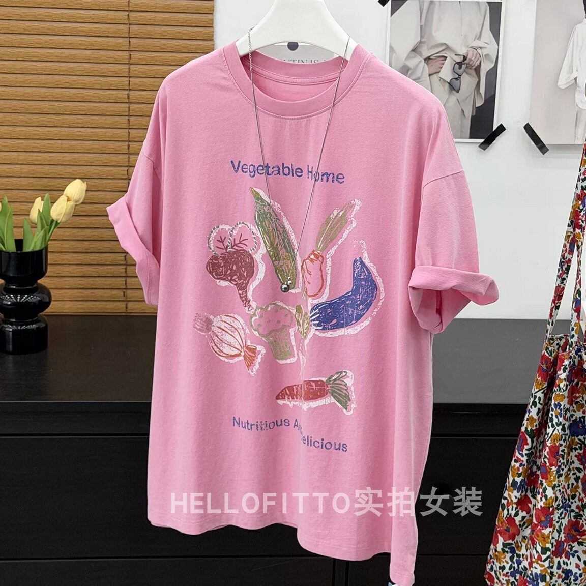重工水洗100%蔬菜印花夏季圆领宽松大版短袖T恤韩版休闲百搭上衣