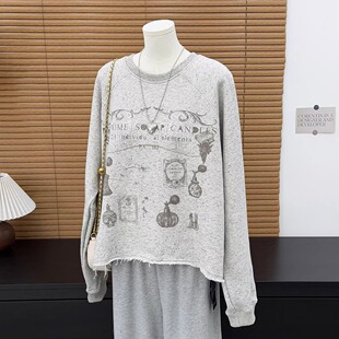 重工加厚毛圈棉卫衣插肩袖毛边美式复古宽松版春秋韩版女士上衣