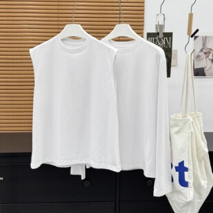 自制小高领透气通勤卫衣纯棉打底百搭白色圆领无袖背心T恤打底衫